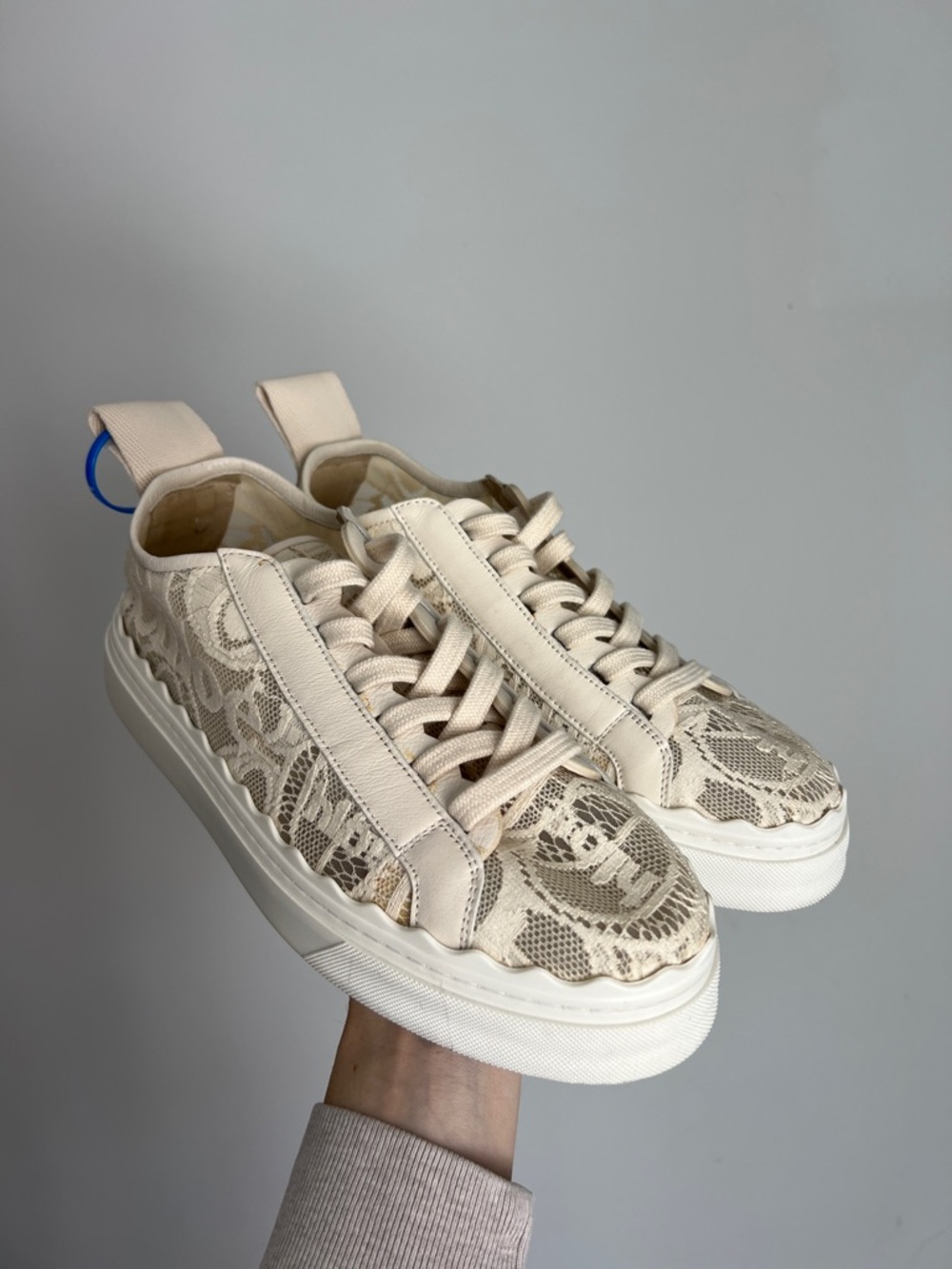 Worn 1x CHLOE Lauren lace mesh sneaker in light beige ecru romantic round toe 40 - Picture 2 of 16
